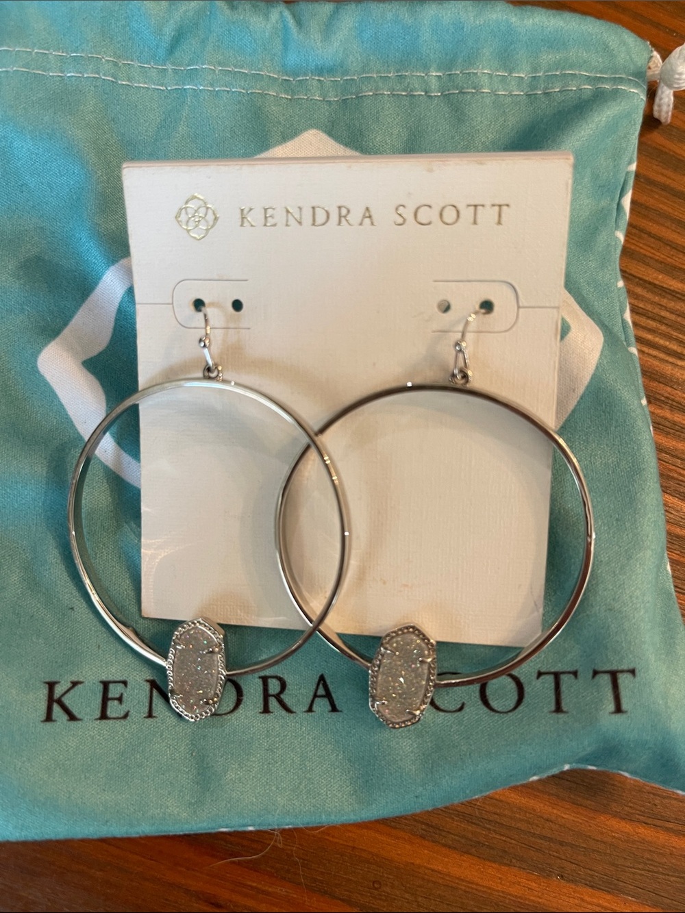 Kendra Scott Silver Hoop Earrings with Light Gray Druzy Charms